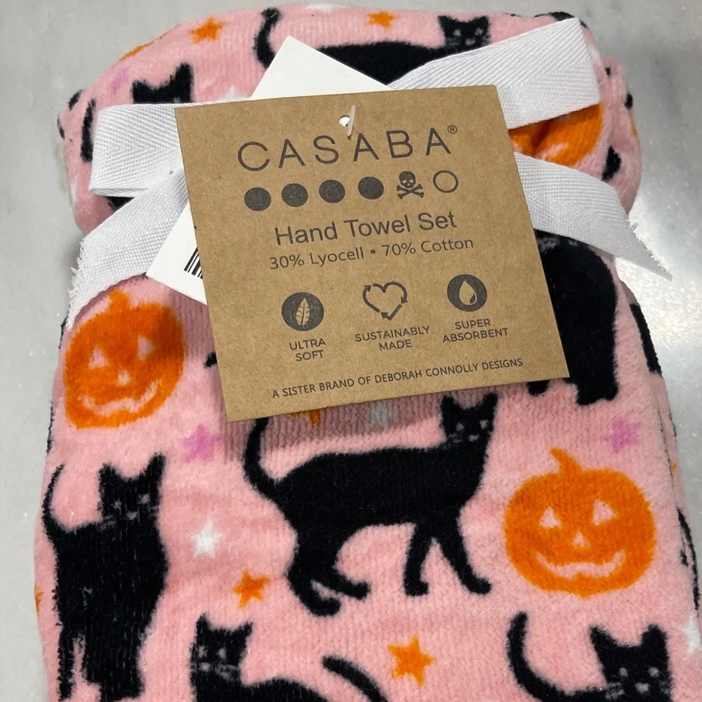 NEW Halloween PINK PUMPKIN & Black Cat Casaba 2pk 16×28 Velour Hand Towels